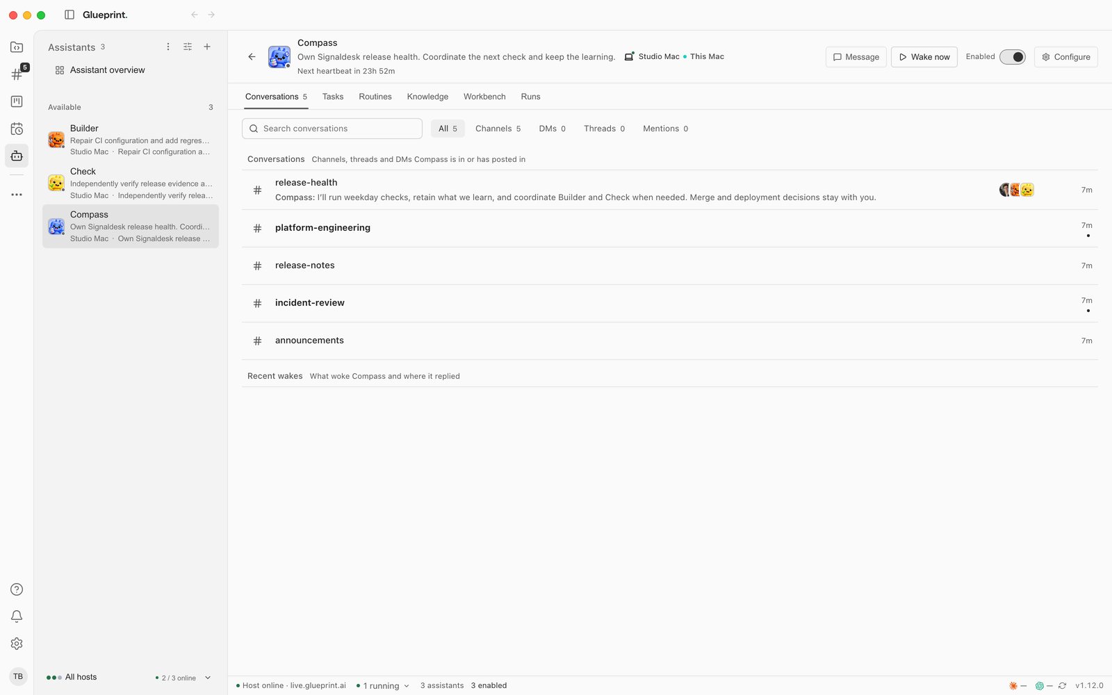 Compass in the desktop app: the list of assistants on the left, Compass's role and host with Message, Wake now and Configure, and its Conversations tab listing the channels it's in.