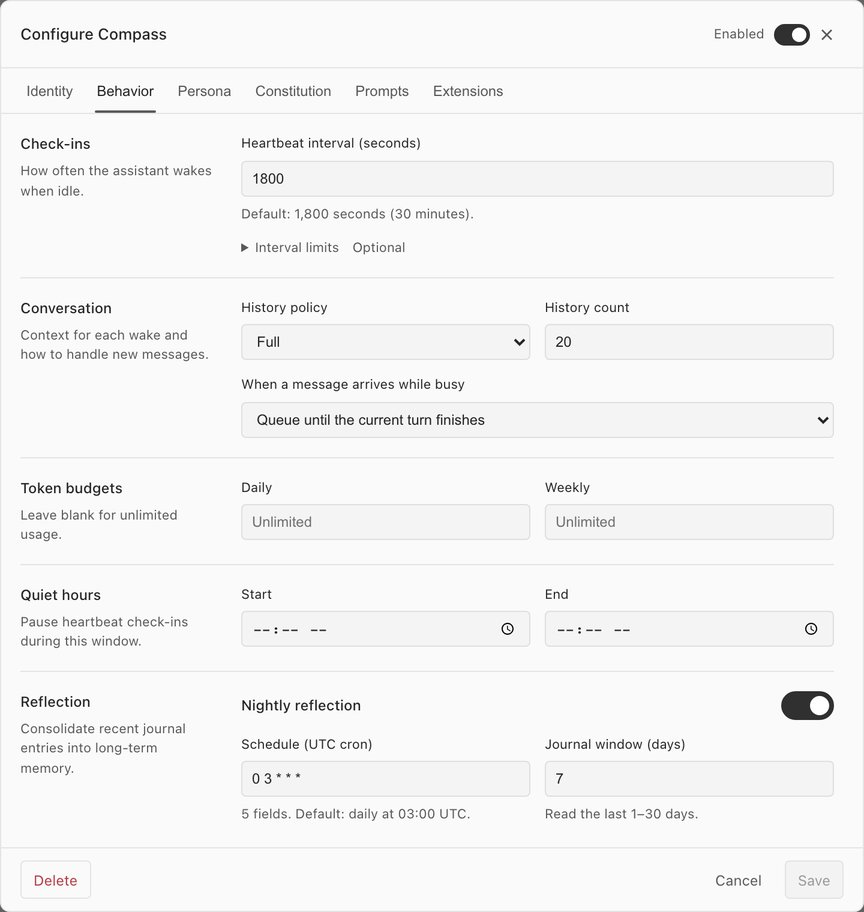 Configure Compass, Behavior tab: a heartbeat every 1,800 seconds, full conversation history with messages queued while busy, daily and weekly token budgets, quiet hours, and nightly reflection at 03:00 UTC.