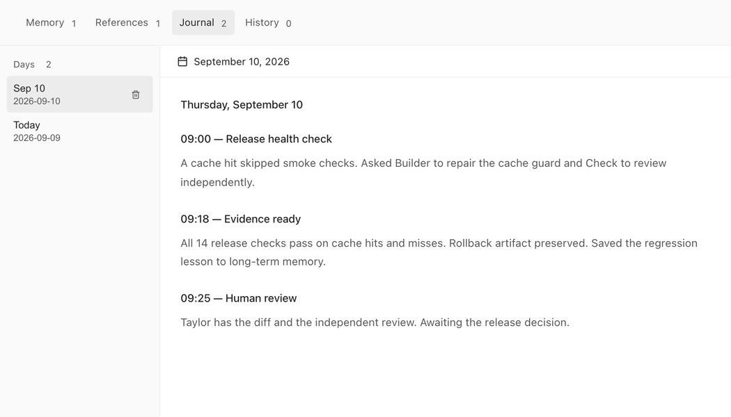 Compass's Knowledge tab, Journal: Thursday, September 10, with entries for the 09:00 release health check, the 09:18 evidence, and the 09:25 human review.