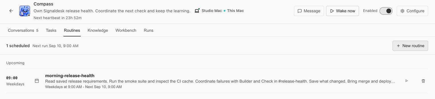 Compass's Routines tab: one scheduled routine, morning-release-health, on weekdays at 9:00 AM, which reads the release requirements, runs the smoke suite and coordinates failures with Builder and Check in #release-health.