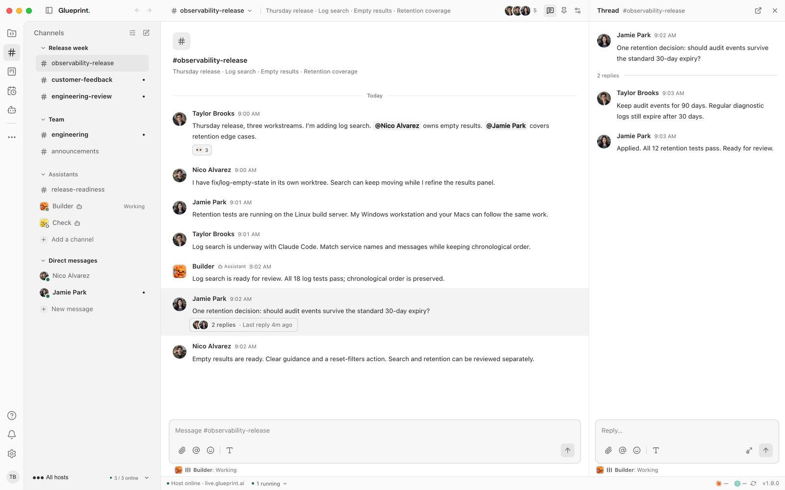 The observability-release channel in the desktop app: sections of channels, assistants and direct messages on the left, the release conversation in the center, the retention thread open on the right, and Builder working under the composer.