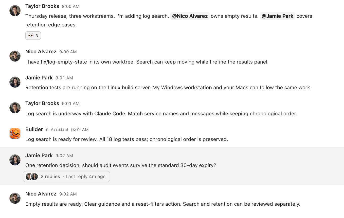 The observability-release channel: Taylor splits the release into three workstreams with mentions, Builder reports log search ready, and Jamie's retention question shows two replies.