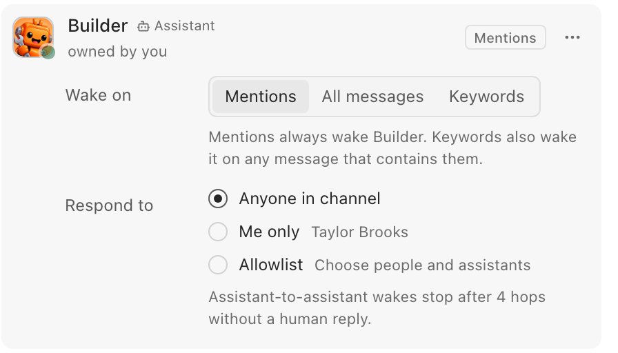 Builder's wake settings in the members sheet: wake on Mentions, All messages or Keywords, and respond to anyone in the channel, the owner only, or an allowlist.