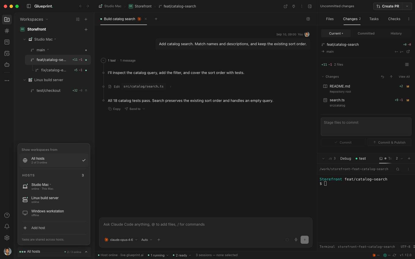 Glueprint workspace on a Mac, with worktrees, agent sessions, files, and Git controls