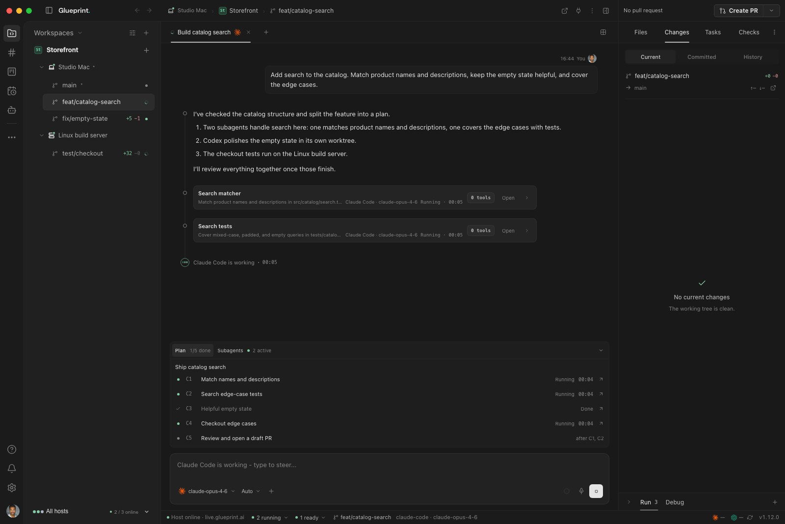 The Glueprint desktop: workspaces on the left, an agent coordinating a plan of subagents in the center, and files and changes on the right.