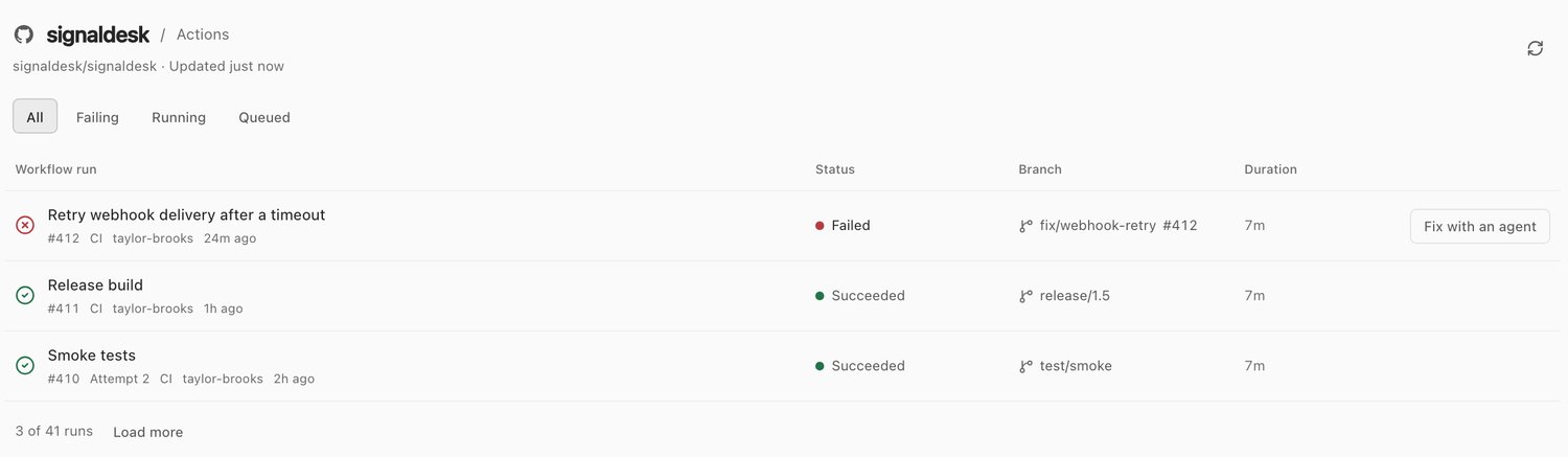 Actions for signaldesk/signaldesk: a failed run of Retry webhook delivery after a timeout on fix/webhook-retry with a Fix with an agent button, and two successful runs, Release build and Smoke tests.