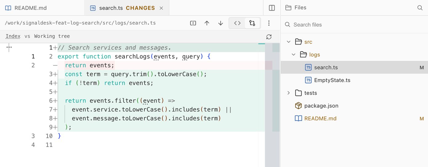 The Changes view of search.ts in the desktop editor: the new search filter highlighted against the working tree, with search.ts and README.md marked modified in the file tree.