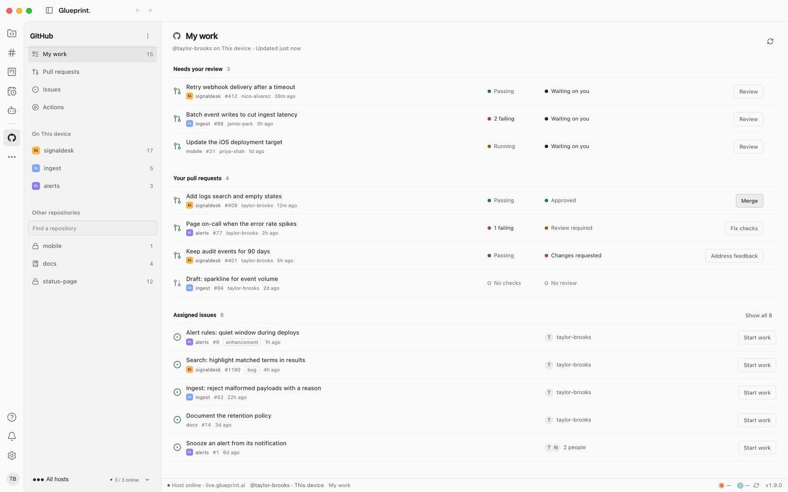 The GitHub plugin's My work page: three pull requests needing your review, four of your own with Merge, Fix checks and Address feedback actions, and five assigned issues with Start work, beside the areas and repositories in its sidebar.
