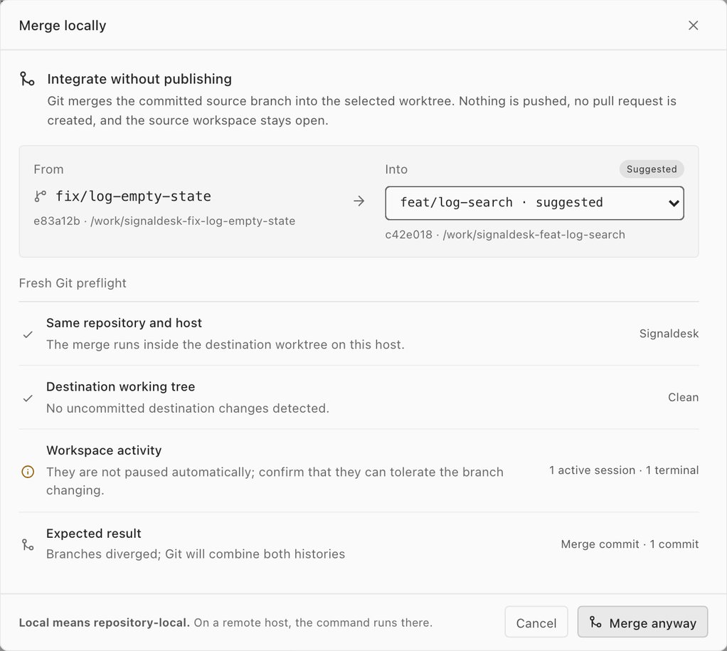 The Merge locally sheet merging fix/log-empty-state into feat/log-search: the same repository and host, a clean destination, one active session to confirm, and the expected merge commit.