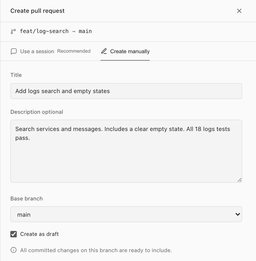 The Create pull request sheet for feat/log-search into main: the title Add logs search and empty states, a description, the base branch main, and Create as draft checked.