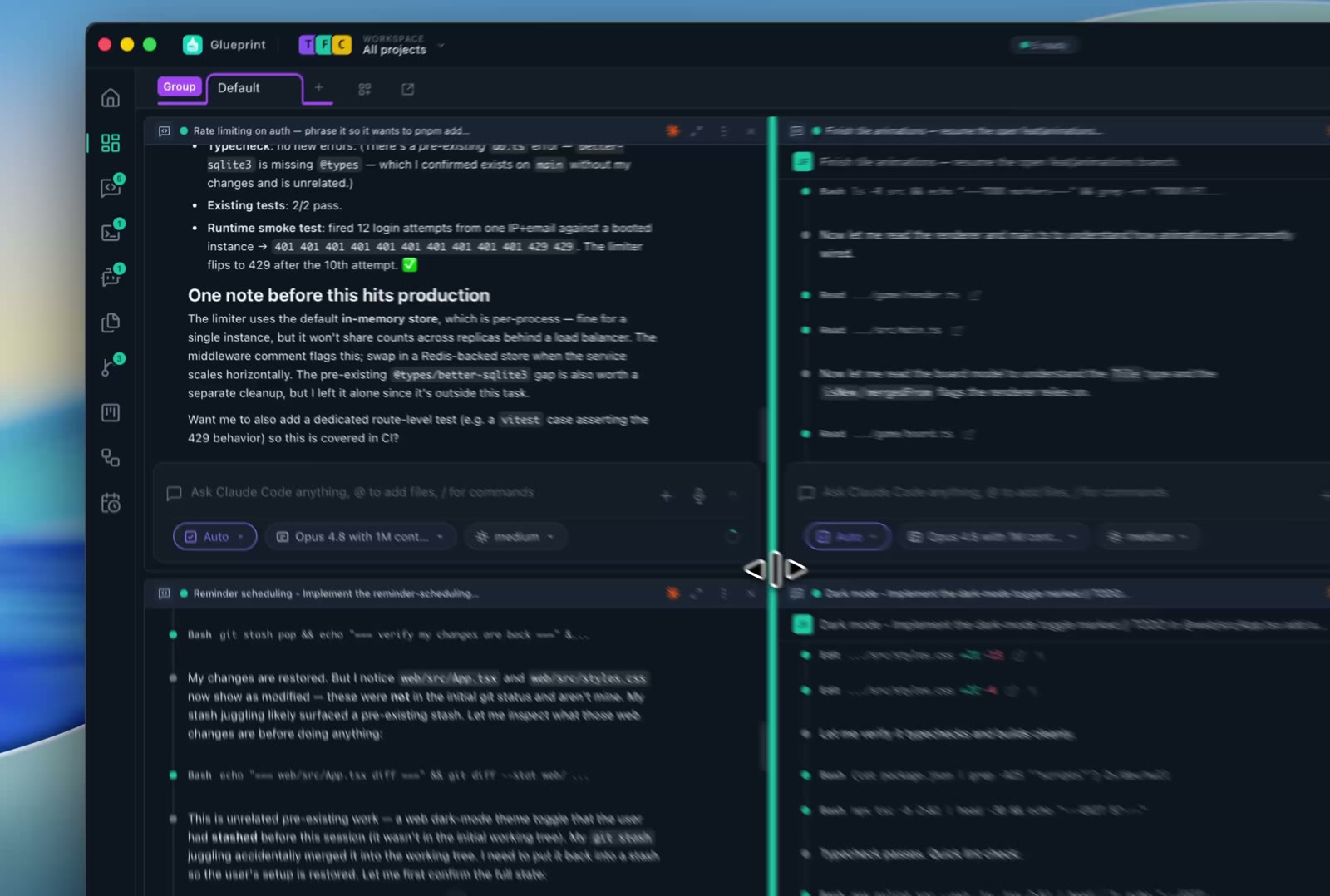 Glueprint command center — tiled agent sessions across multiple hosts