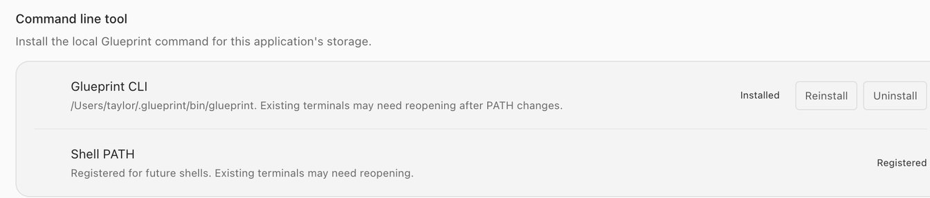 Settings, General, Command line tool: Glueprint CLI installed in the application's bin directory, and the shell PATH registered for future shells.