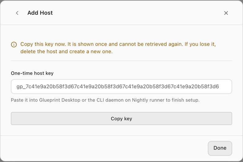 The one-time host key for Nightly runner, with a warning that it is shown once, and Copy key.