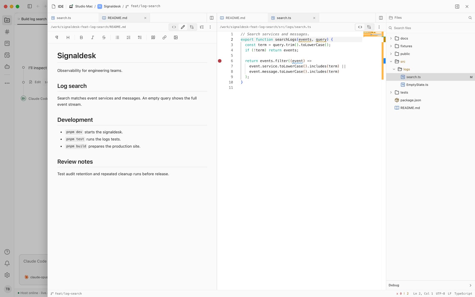 The IDE sheet for feat/log-search: the README in Rich edit on the left, search.ts on the right with a breakpoint, warnings and changed lines, and the file tree with search.ts marked modified.