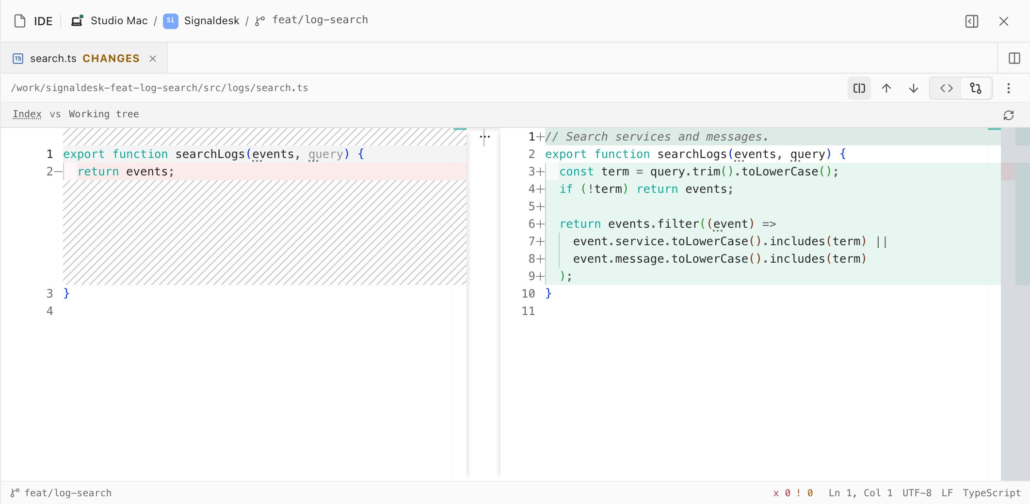 The Changes view of search.ts side by side: the committed version that returns every event on the left, and the new search filter highlighted on the right.