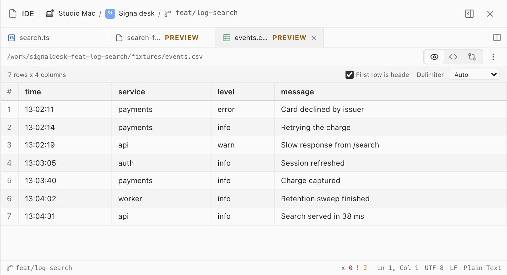 A CSV preview of seven log events with time, service, level and message columns.