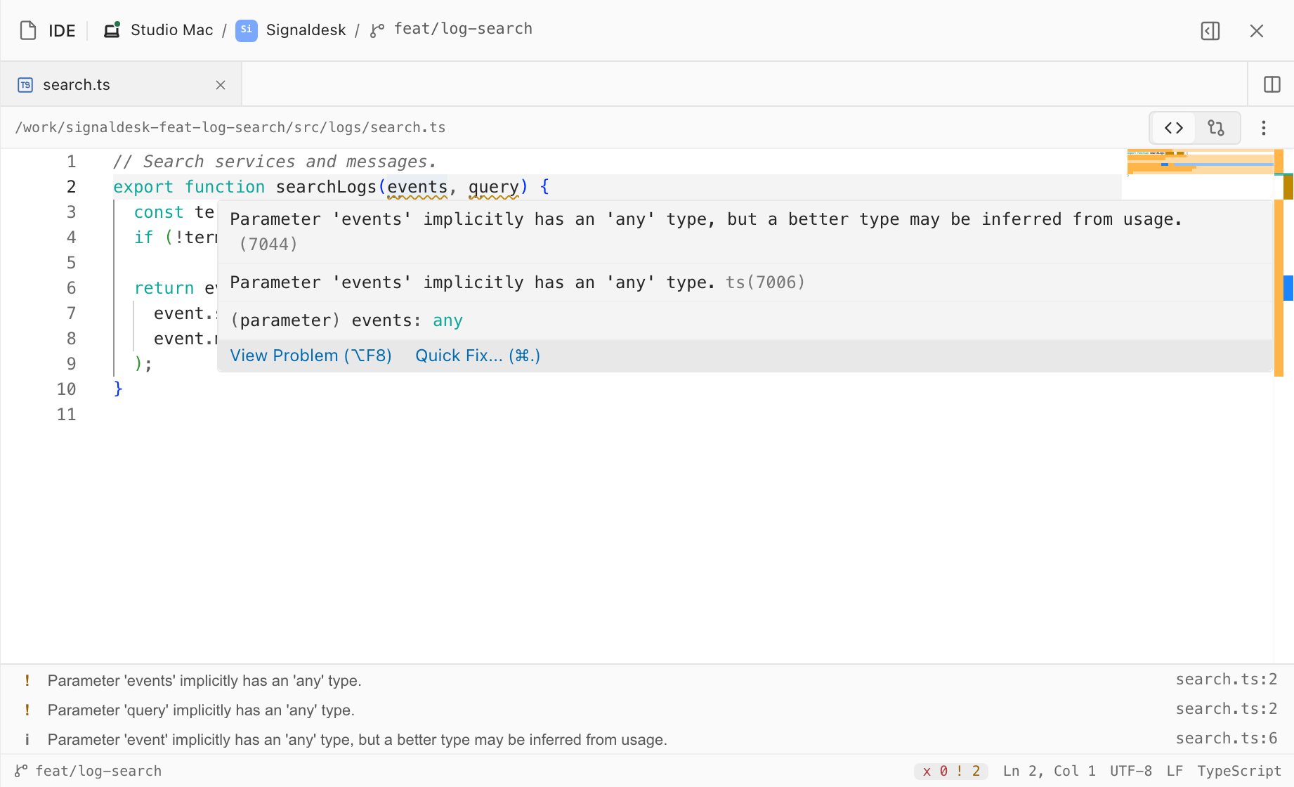 search.ts in the desktop editor: warnings under the untyped events and query parameters, a hover card with the TypeScript warning, its type and Quick Fix, and the Problems list below.