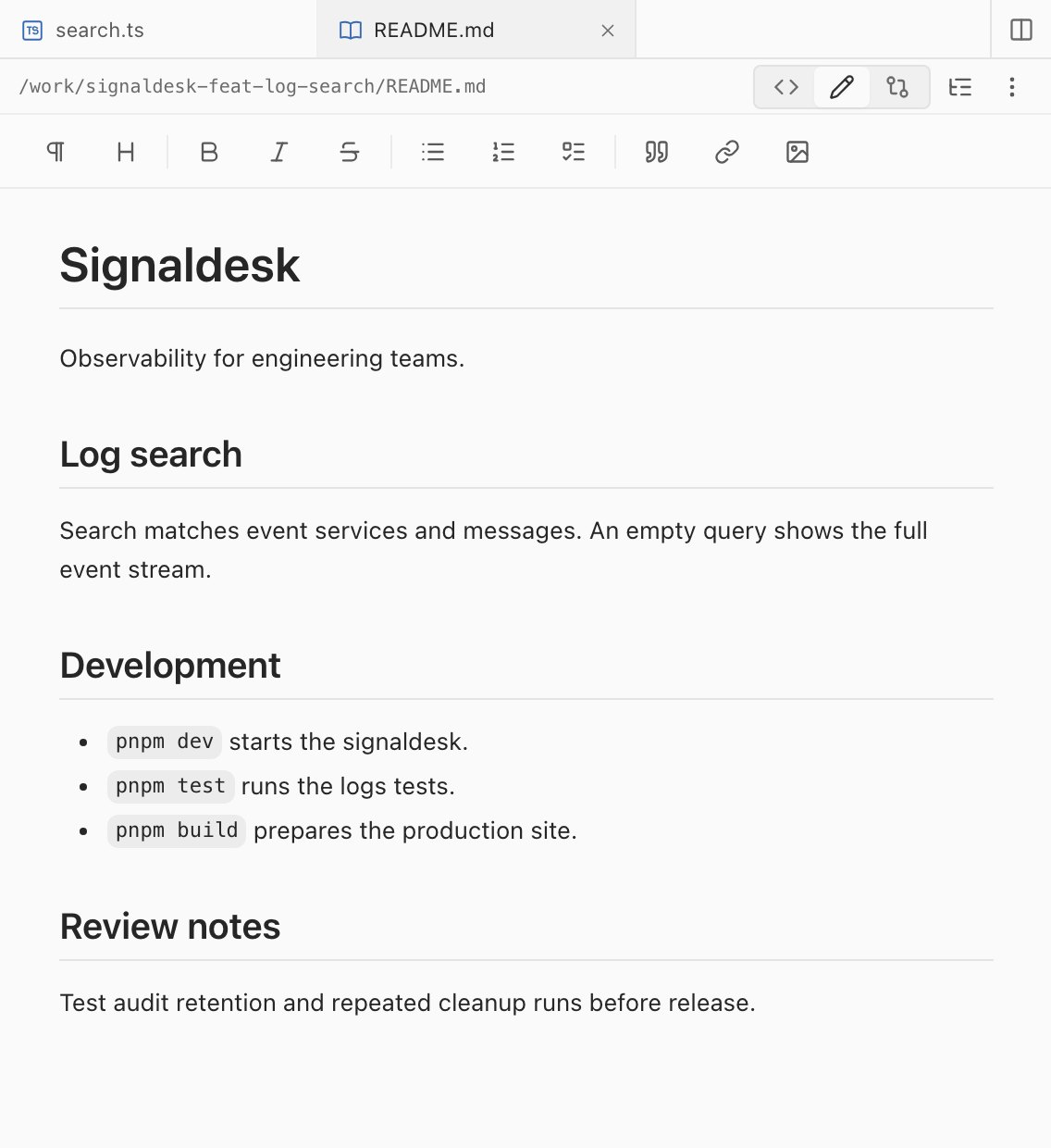 The Signaldesk README in Rich edit: a formatting toolbar above the rendered headings, paragraphs and command list.