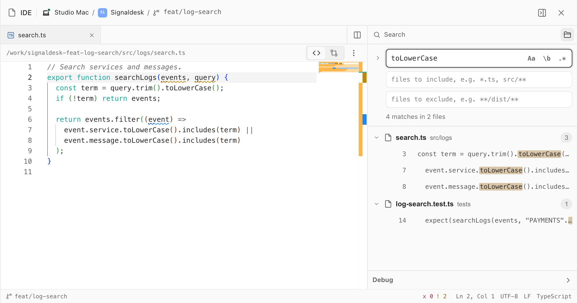 Find in files for toLowerCase: four matches in two files, search.ts and log-search.test.ts, beside the open editor.