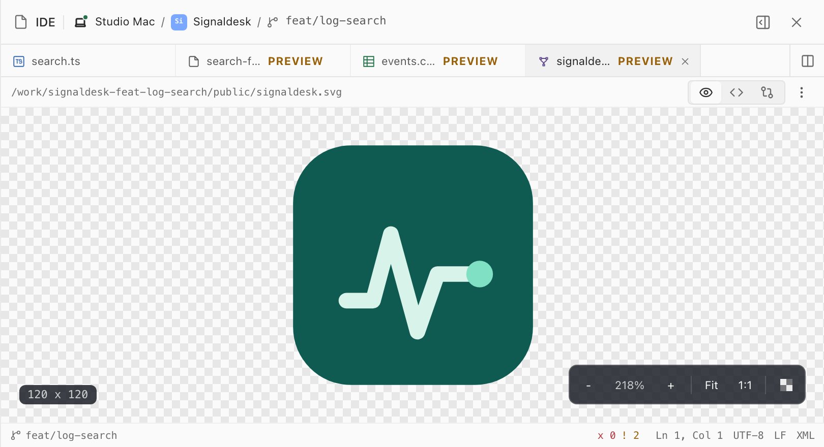 An SVG preview of the Signaldesk mark, 120 by 120, with zoom, Fit and 1:1 controls.
