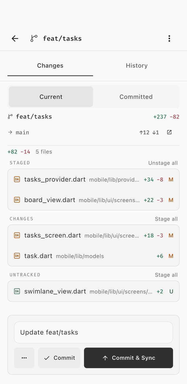Git changes for feat/tasks: staged, changed and untracked files with their line counts, a commit message, and Commit and Commit & Sync.
