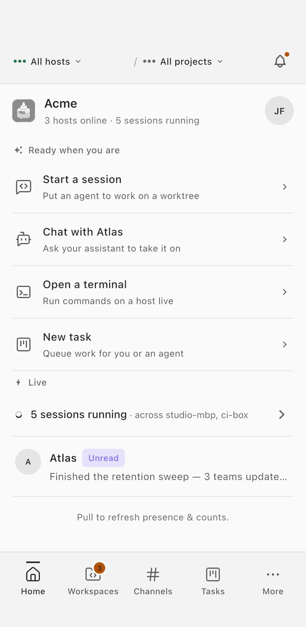 The Glueprint mobile home screen for Acme: 3 hosts online, 5 sessions running, quick actions to start a session, chat with Atlas, open a terminal or add a task, and Atlas's unread update.
