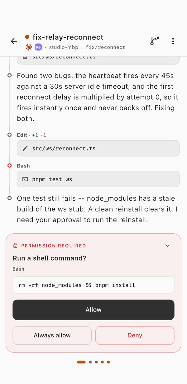 A session asking permission to run a shell command, rm -rf node_modules && pnpm install, with Allow, Always allow and Deny.