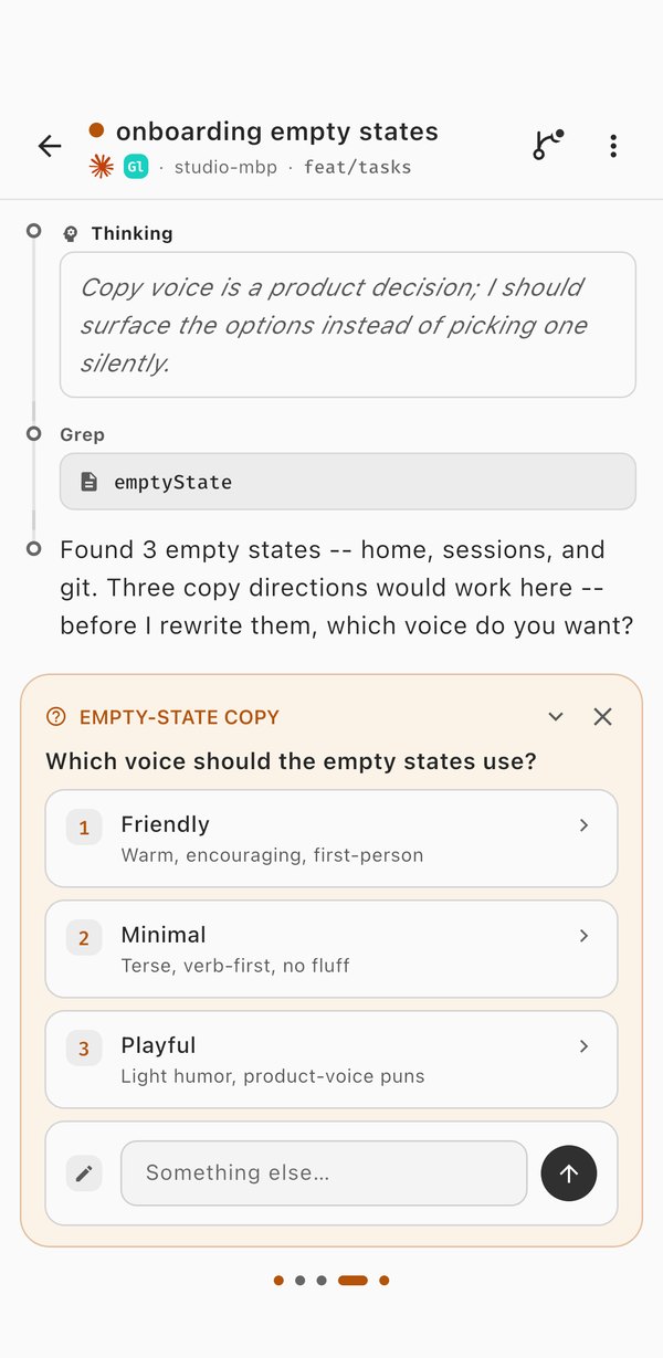 A session asking which voice the empty states should use, with three options.