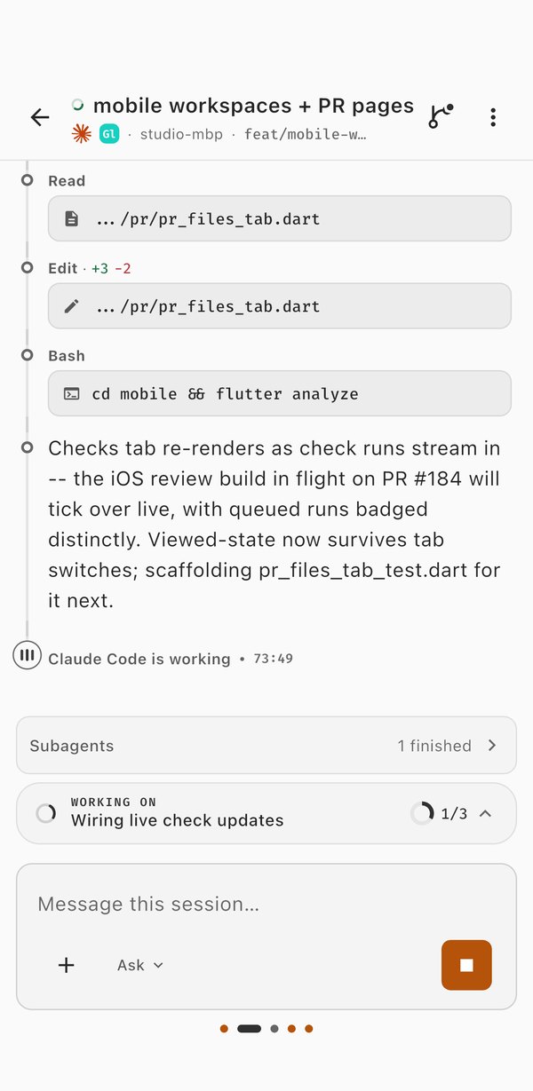 A running Claude Code session with its tool calls, a subagent working on live check updates, and the composer to message the session or stop it.