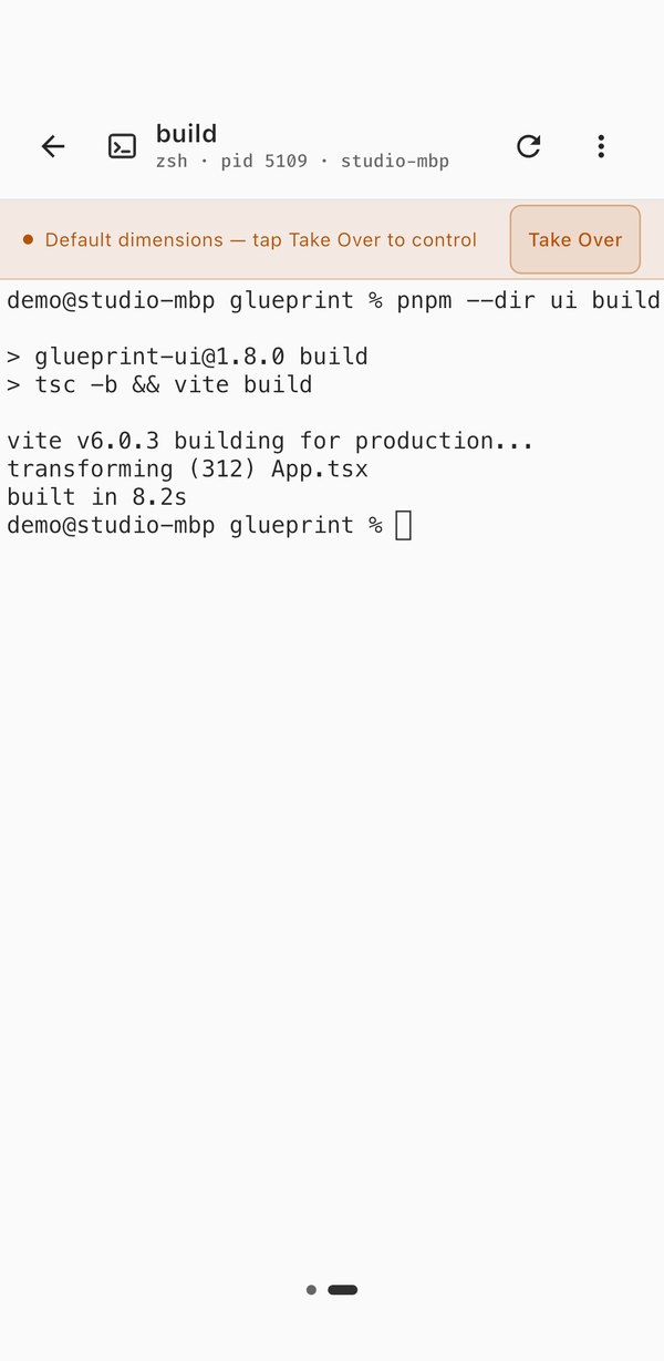 A terminal on studio-mbp running pnpm build for the UI, with Take Over to control it from the phone.