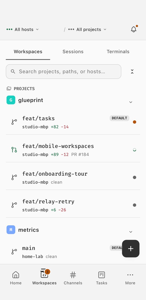 The Workspaces tab listing the glueprint project's worktrees with their change counts and a pull request, and a metrics project on another host.