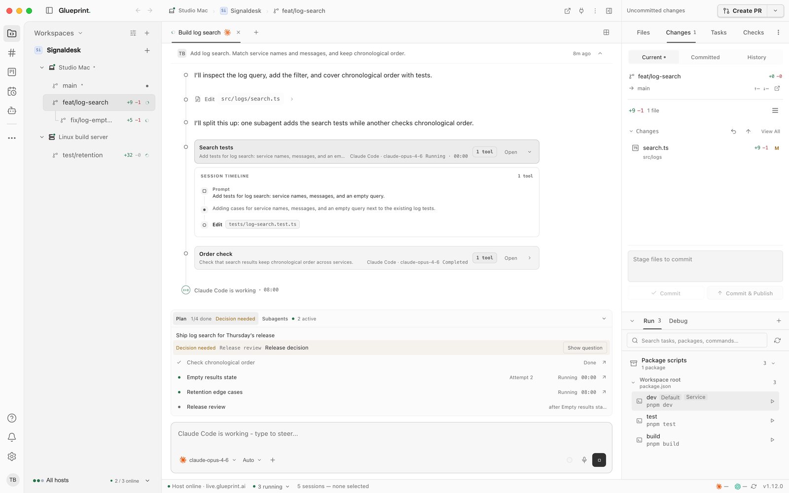 The Build log search session with two subagent cards: Search tests, running and expanded to show its own session timeline, and Order check, completed; above the composer, the plan shows 1 of 4 tasks done with a decision needed, beside Subagents, 2 active.