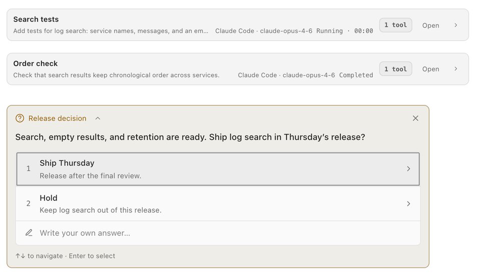The Release decision question card in the coordinating session: Search, empty results, and retention are ready. Ship log search in Thursday's release? with the answers Ship Thursday and Hold, and room for your own answer.