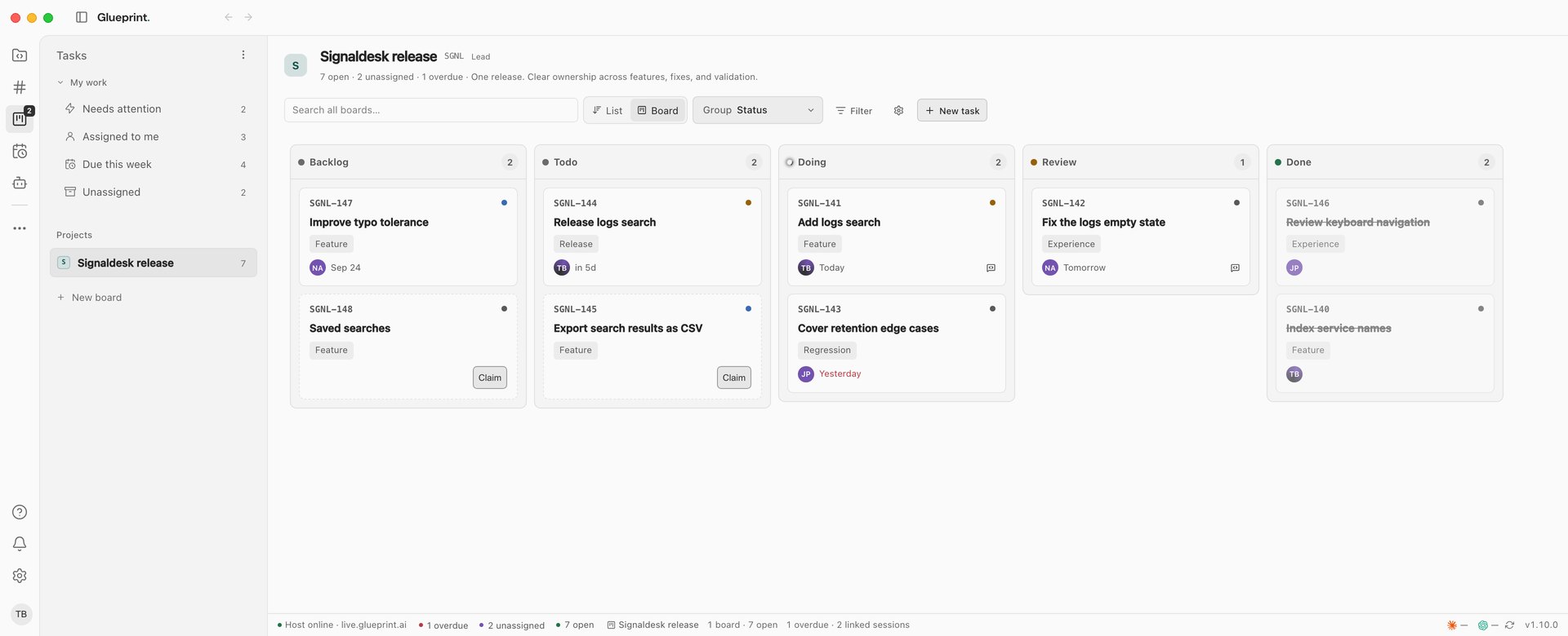 The Signaldesk release board in the desktop app: My work and the project board in the sidebar, then Backlog, Todo, Doing, Review and Done columns with owners, labels and due dates, and open, unassigned and overdue counts in the status bar.
