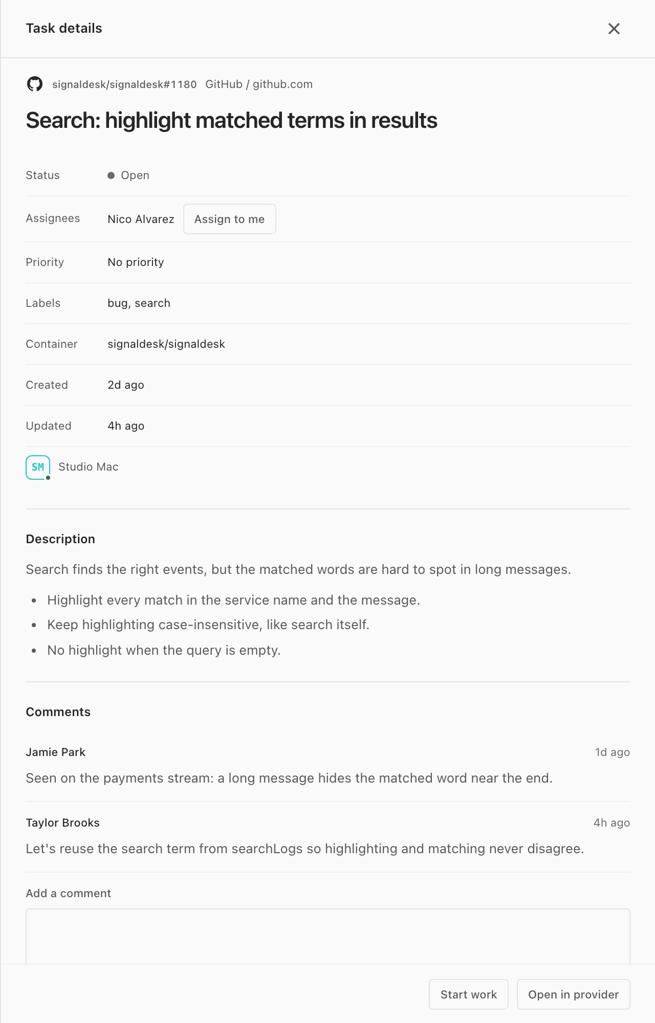A GitHub issue's details in Glueprint: Search: highlight matched terms in results, open, assigned to Nico Alvarez, labelled bug and search, with its description, two comments, and Start work and Open in provider buttons.