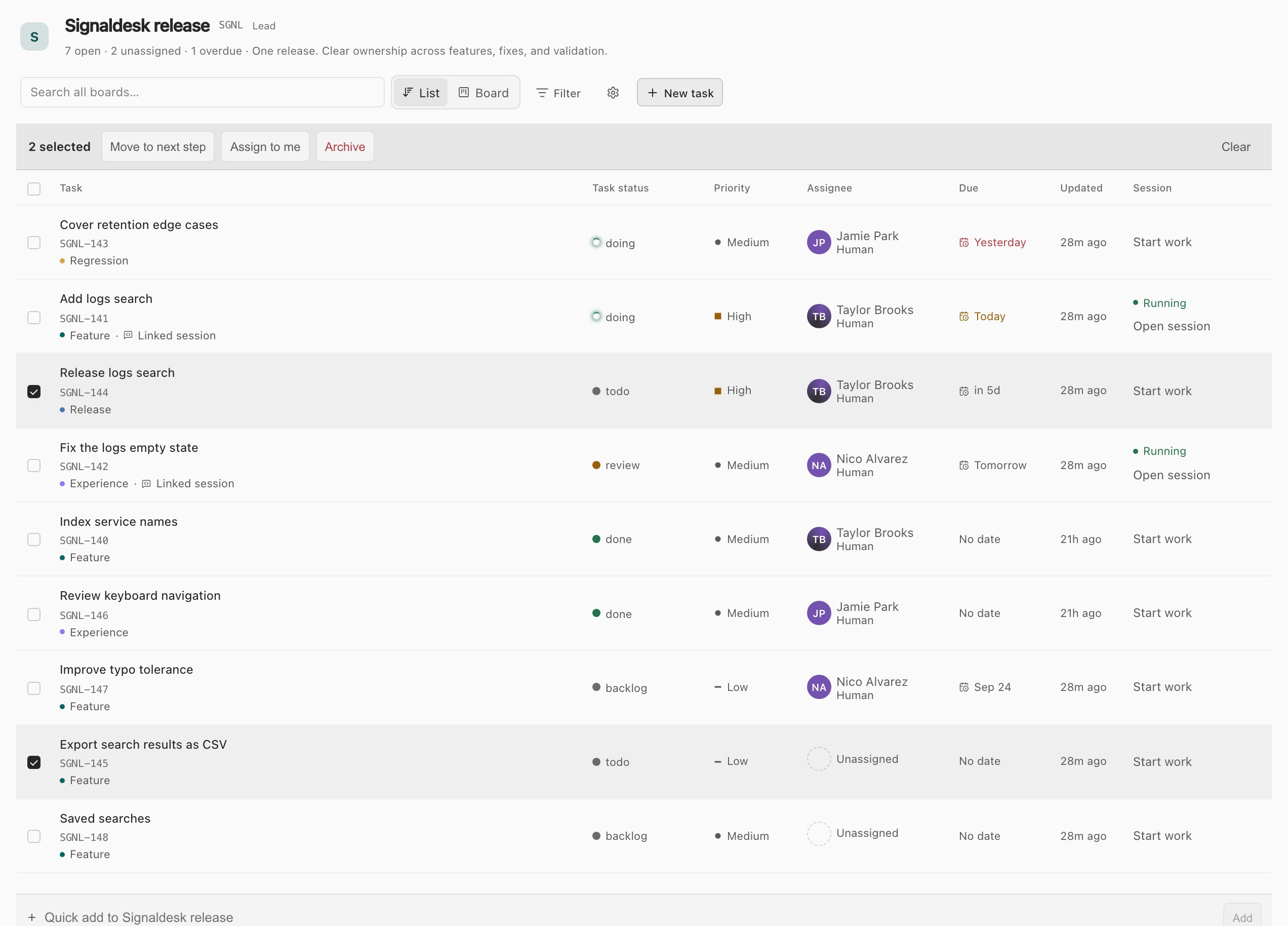 The Signaldesk release board as a list, with two tasks selected and the bulk actions Move to next step, Assign to me and Archive, a Session column showing Start work or a running session to open, and a quick-add row.