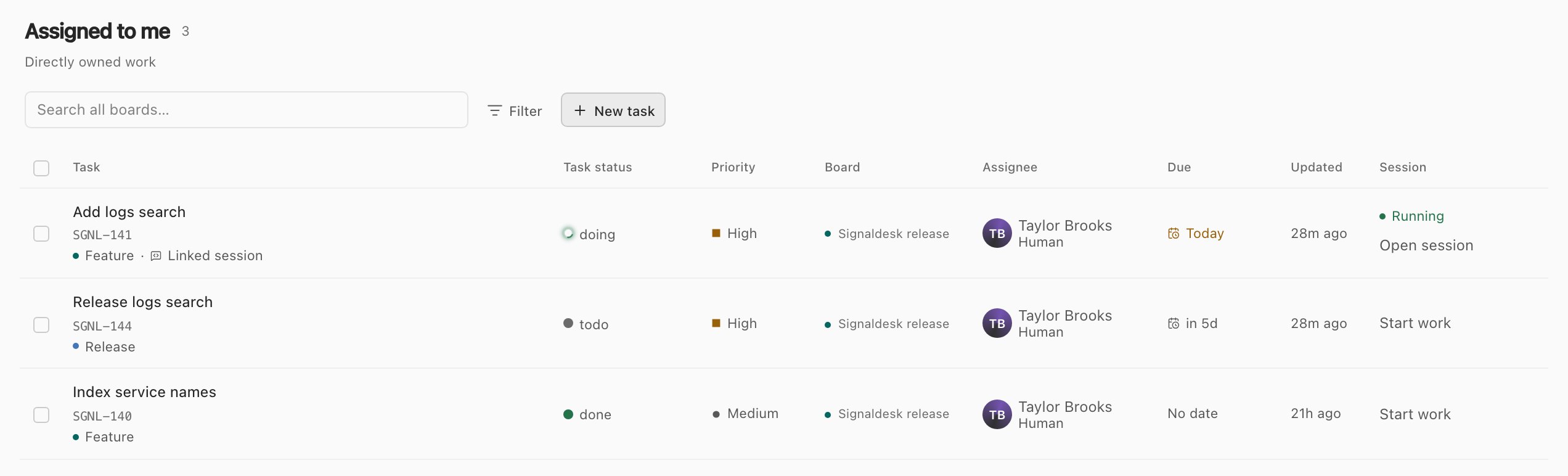 The Assigned to me list: three tasks from the Signaldesk release board, one with a running session to open.