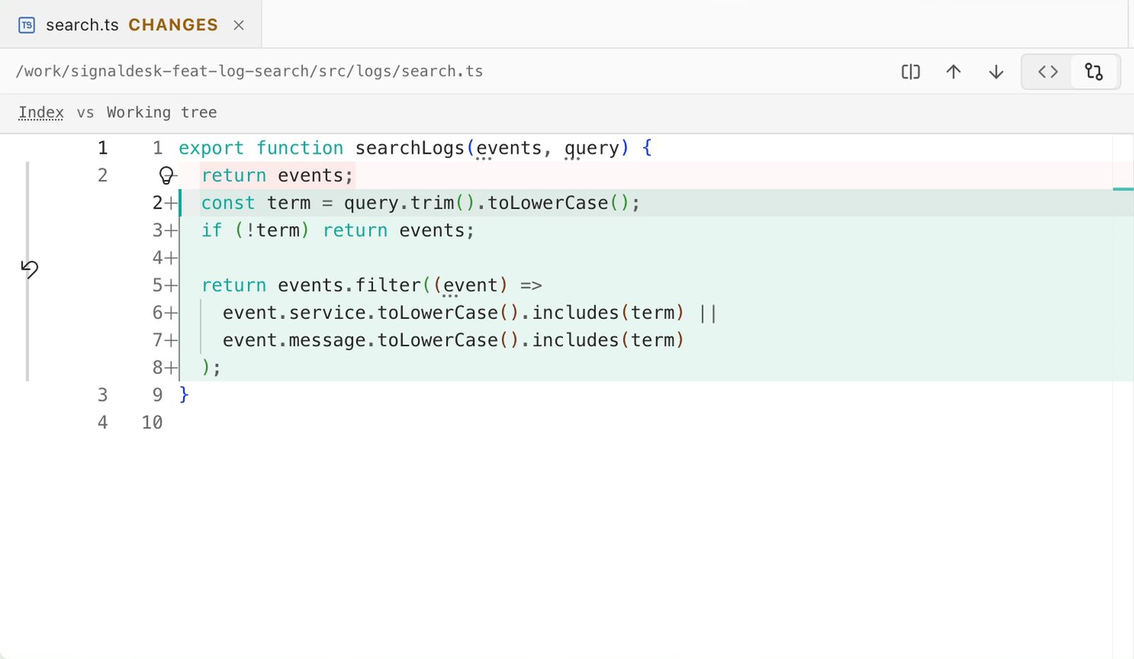 The editor's Changes view for search.ts, with the added filter lines highlighted against the previous version.