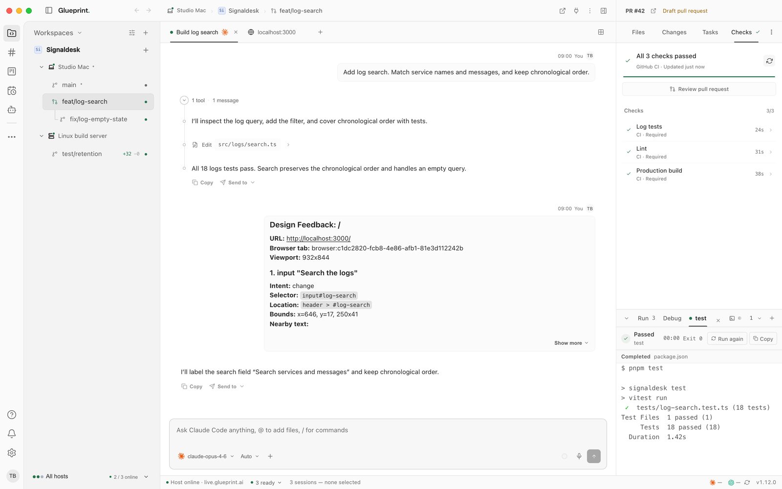 A workspace whose Checks tab shows a draft pull request with all three CI checks passed.