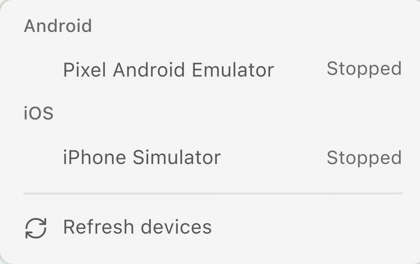 The device picker listing a Pixel Android emulator and an iPhone simulator.
