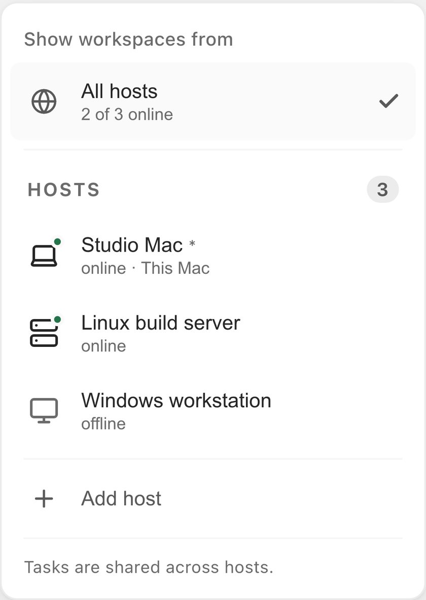 The host picker showing workspaces from all hosts, 2 of 3 online: Studio Mac, marked as this Mac, and a Linux build server online, a Windows workstation offline, and Add host.