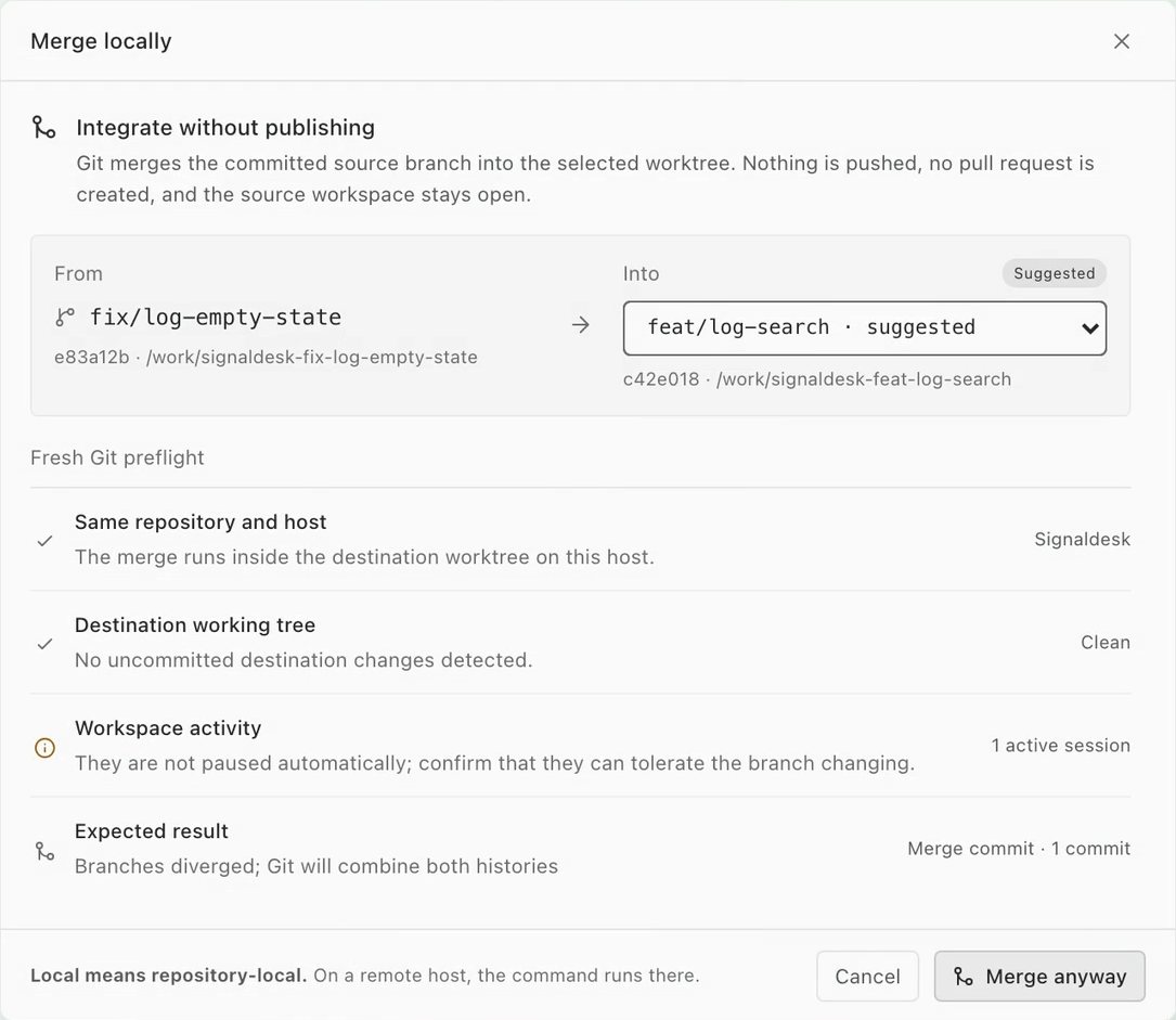 The Merge locally sheet, checking the source and destination worktrees before integrating the branch.