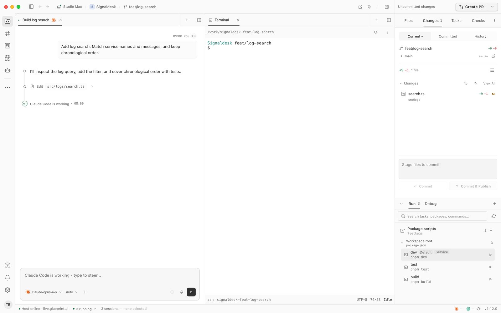 A workspace split into two panes: an agent session on the left and a terminal on the right, with changes and the run dock in the side panel.