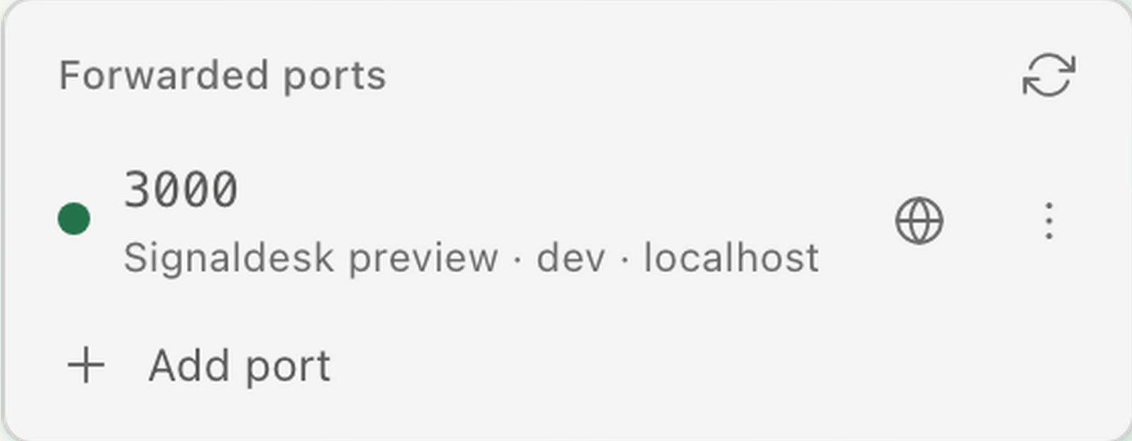 The Forwarded ports list with port 3000, the Signaldesk preview dev server on localhost.