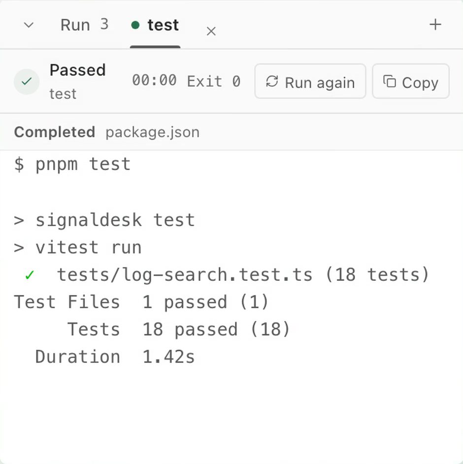 The run dock showing a passed test run: 18 tests passed in 1.42 seconds.