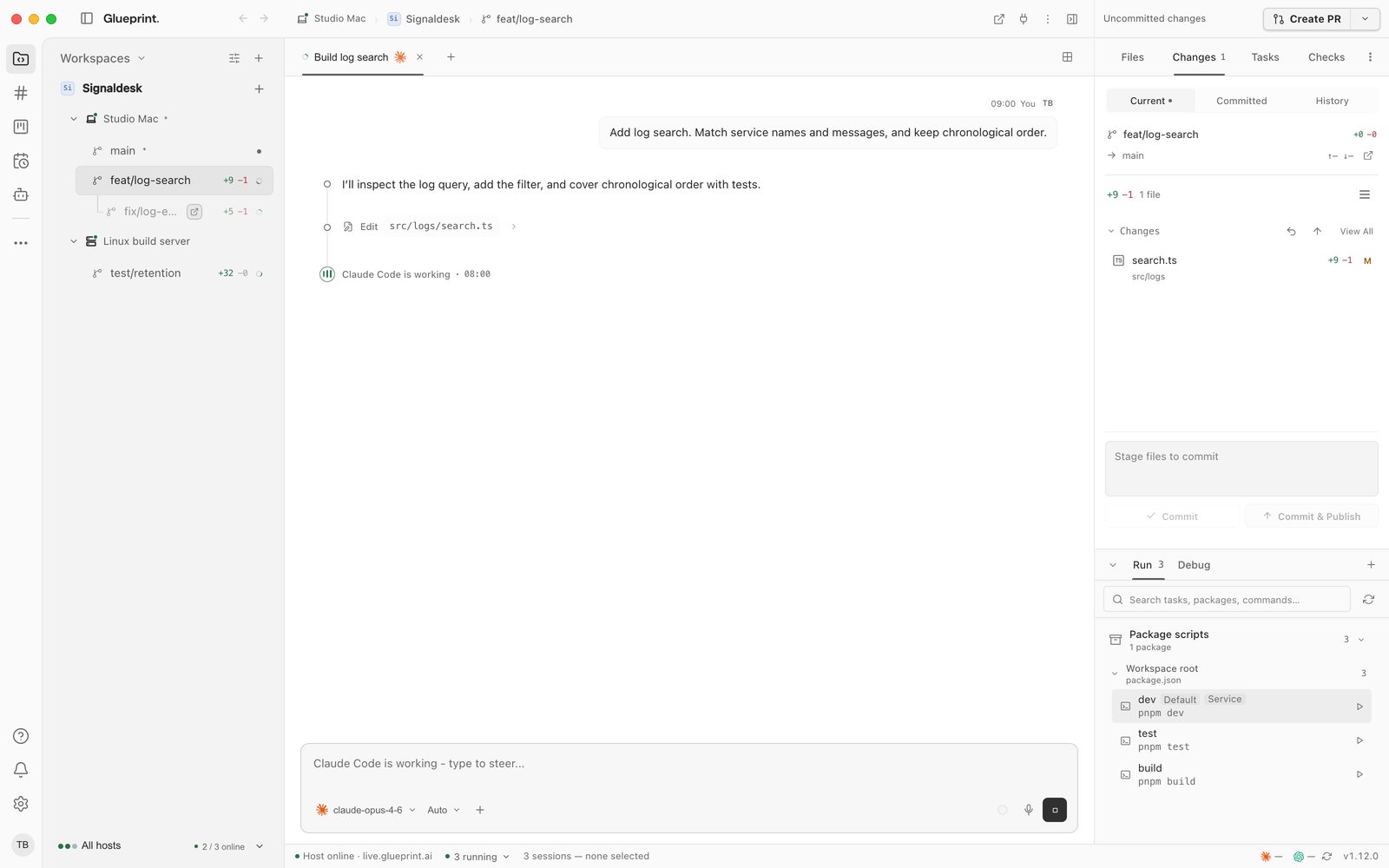 The main Glueprint window on feat/log-search, with Claude Code working in its session. In the sidebar, the fix/log-empty-state workspace is dimmed with an open-window icon because it is open in another window.