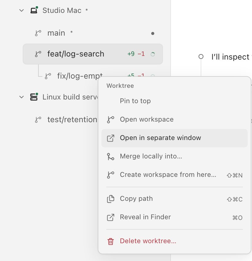 The workspace menu for fix/log-empty-state, with Open in separate window highlighted.