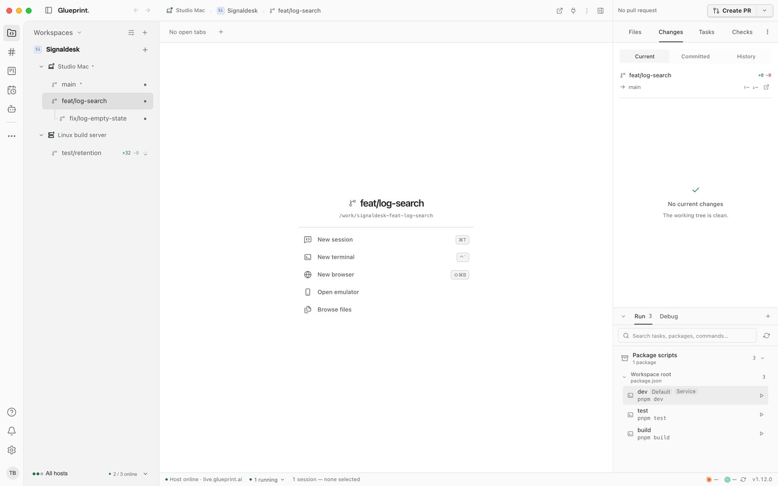 A Glueprint workspace for the feat/log-search worktree. The sidebar lists the project's worktrees under the host that holds each one, Studio Mac or the Linux build server, with their change counts; the center offers a new session, terminal, browser, emulator or file browser.